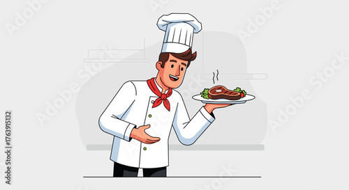 Smiling chef holding a steak dish cartoon illustration in vector format perfect for restaurant menus and culinary websites
