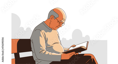 Senior man reading a book on a bench enjoying retirement in a peaceful outdoor setting vector illustration