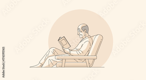 Senior man reading a book in a chair simple line art illustration representing leisure and relaxation