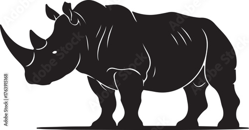 Black silhouette of a rhinoceros with a single horn on a white background animal wildlife on transparent background