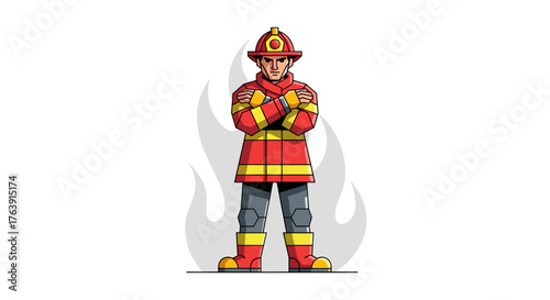 Brave firefighter standing with arms crossed wearing a helmet and uniform vector illustration on white background