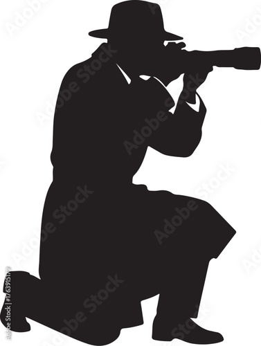 Silhouette of a detective or spy in a trench coat and hat, kneeling and aiming a camera photographer on transparent background