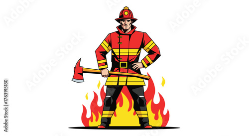 Brave firefighter standing in front of flames holding an axe vector illustration for emergency services and safety campaigns
