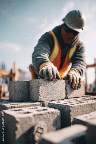 A close-up of a construction worker wearing gloves and an orange safety vest lifting a clay brick