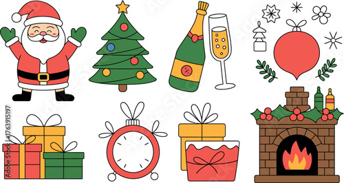Christmas clip art vector illustration with santa tree champagne and fireplace design set