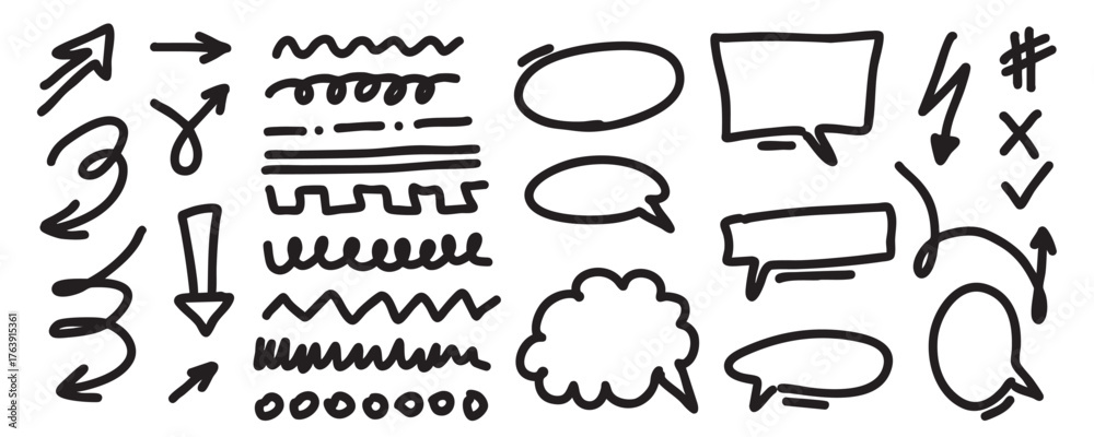Naklejka premium Hand-Drawn Doodle Arrows, Lines, and Speech Bubbles Set