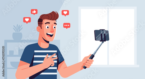 Young man taking a selfie with a smartphone on a stick social media icons floating around him vector illustration