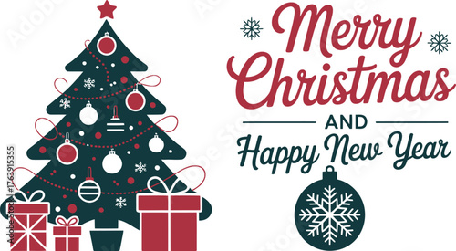 Christmas tree and gifts vector illustration for merry christmas and happy new year card