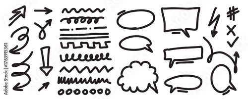 Hand-Drawn Doodle Arrows, Lines, and Speech Bubbles Set