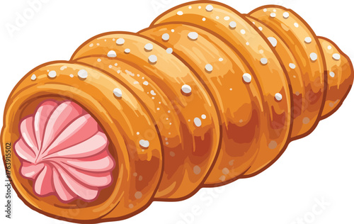 Vector Illustration of Cream Horn Pastry with Pink Filling and Sugar Sprinkles