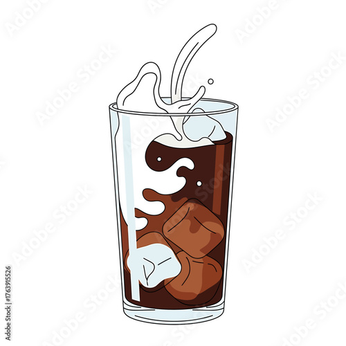 Hand drawn illustration of milk splashing into a glass of iced coffee.