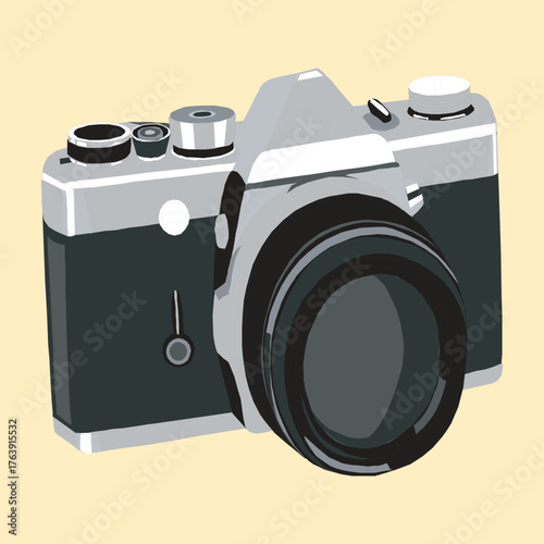 Vintage film camera with black lens, an antique photography object isolated on a white background