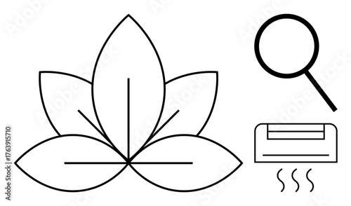 Lotus leaf for nature, magnifying glass for research, air purifier with steam for clean air. Ideal for wellness, environment, health, research, eco-consciousness clean living improvement. Simple