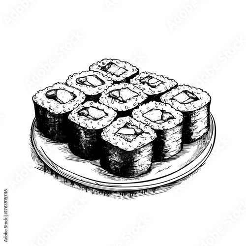 A vintage, hand-drawn vector illustration of a plate of maki sushi rolls rendered in a monochrome engraving style, perfect for restaurant menus or Asian cuisine branding