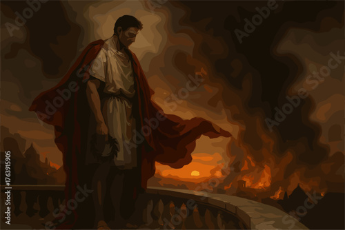Dramatic Digital Painting of Roman Leader Watching the Burning City at Sunset