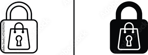 Secure Shopping Symbol: A sleek, modern icon that represents secure online shopping or data privacy. It features a padlock with a shopping bag and keyhole