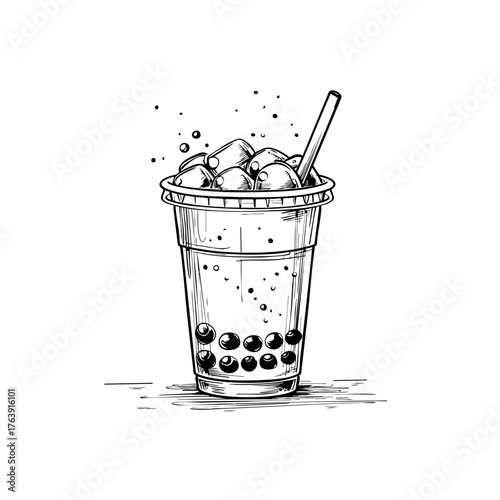 A black and white hand-drawn vector sketch of a refreshing bubble tea or boba drink served in a plastic cup with ice cubes and tapioca pearls, featuring detailed vintage engraving style line work.