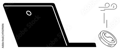 Open laptop with floating coin and airflow represents online finance, digital business, and e-commerce. Ideal for technology, economy, investment, innovation, remote work, freelancing simple flat