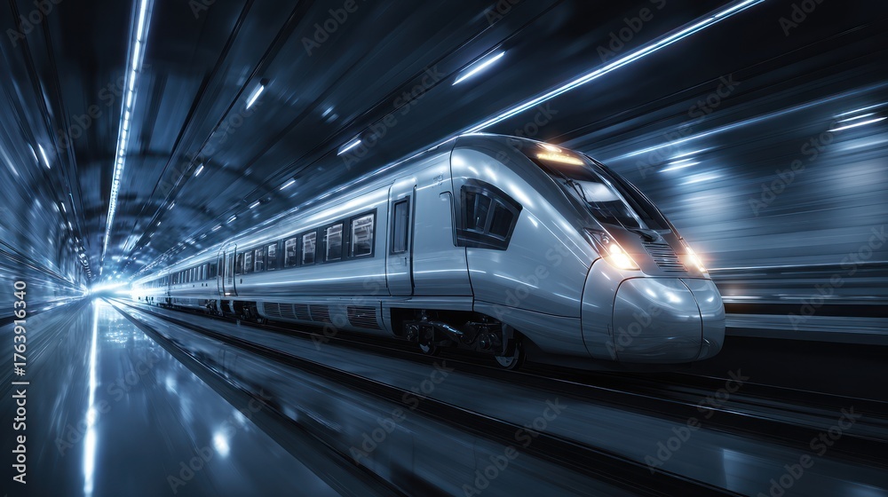 Fototapeta premium High speed train moving through a dark futuristic tunnel with blue lights