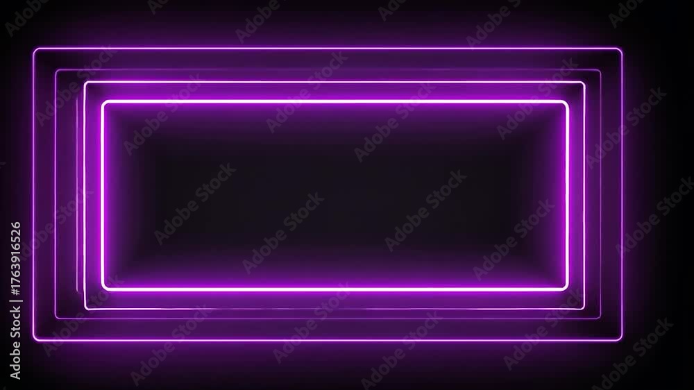 Three glowing purple rectangular frames nested within each other against a dark background, creating a tunnel effect.