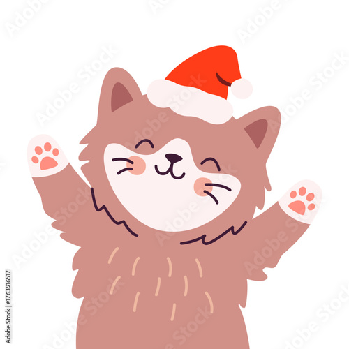 Cheerful Christmas cat wearing Santa hat with raised paws and closed eyes expressing joy and holiday spirit in festive kawaii cartoon style illustration