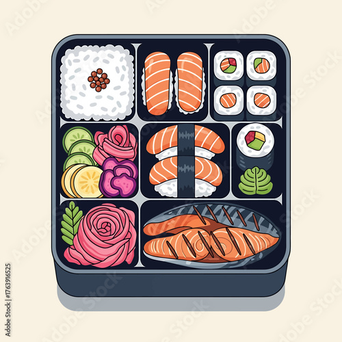Japanese bento box lunch with salmon sushi and rice.