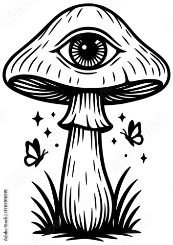 Black and white vector of a fantasy mushroom with an eye on its cap and butterflies nearby, symbolizing vision and mystery, for engraving art