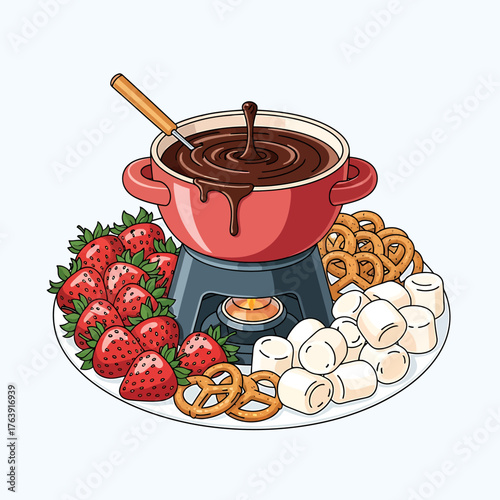 Sweet chocolate fondue pot with strawberries marshmallows and pretzels.