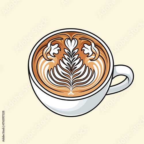 A white coffee cup with beautiful and intricate rosetta latte art.