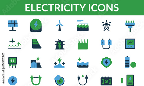 Electricity Icons, Power Generation Symbols, Energy Grid Set, Minimalist Vector Collection