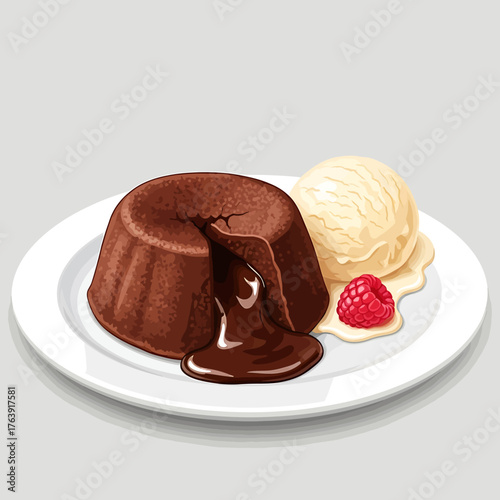 Chocolate lava cake with molten center and vanilla ice cream.