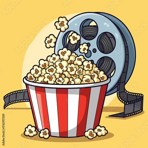 Classic cinema snack popcorn bucket with a vintage film reel.