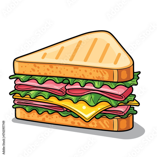 Delicious toasted ham and cheese sandwich cartoon vector illustration.