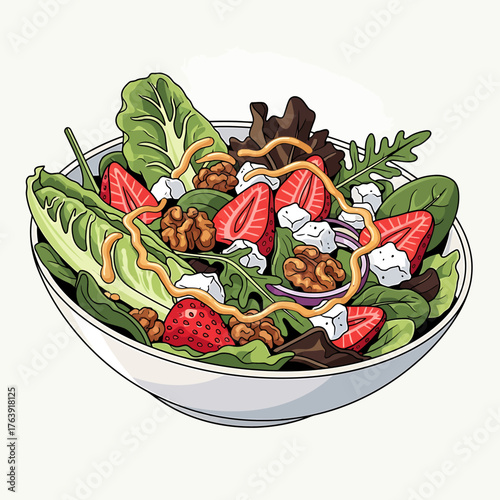 Fresh strawberry walnut salad with feta cheese and dressing illustration.
