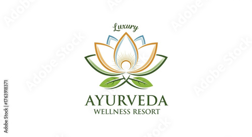 Elegant ayurveda wellness resort logo design with lotus flower and luxury script