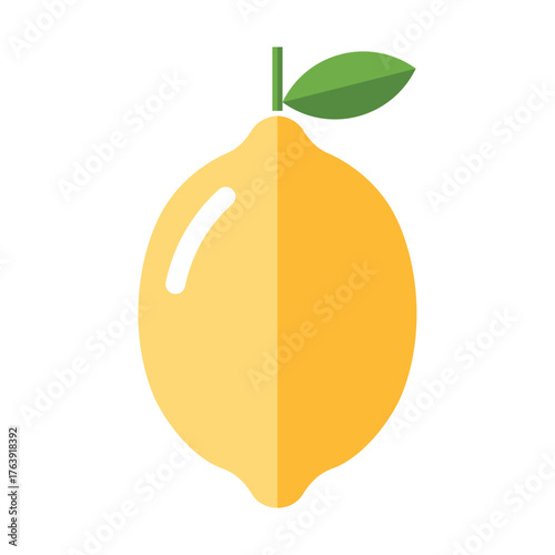Bright Yellow Flat Design Lemon with Green Leaf and Stem Illustration.