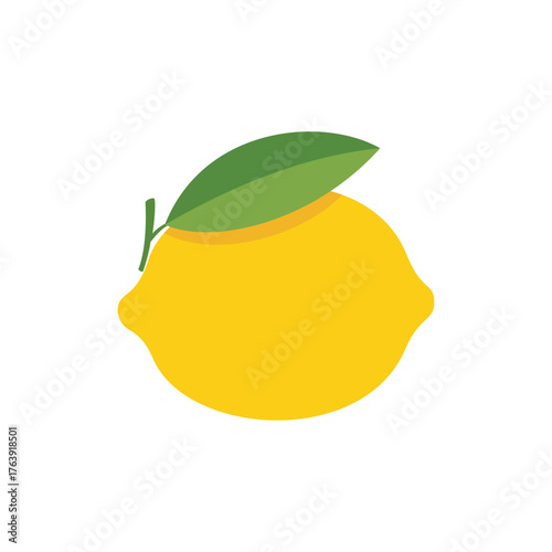 Vibrant yellow lemon fruit with a fresh green leaf, simple flat vector illustration.