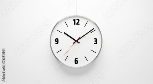 Minimalist clock showing ten past ten hanging on a clean white wall backdrop