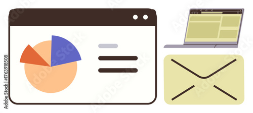 Chart in a browser window, open laptop, and envelope convey modern communication, analytics, and productivity. Ideal for teamwork, remote work, technology, business strategy statistics and simple