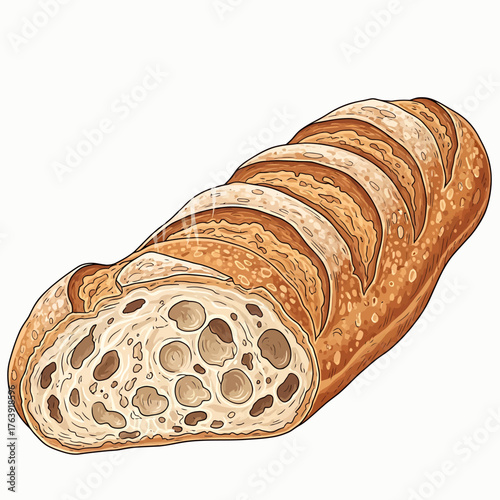Detailed illustration of a sliced artisan sourdough bread loaf.