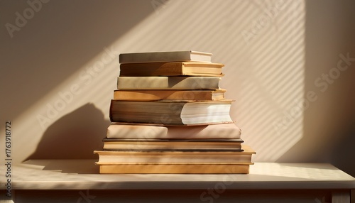 stack of books in soft light with shadows on neutral background