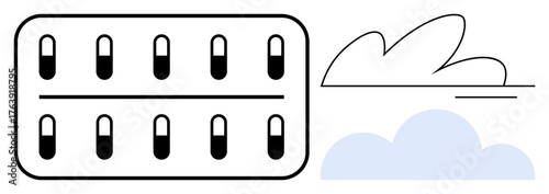 Blister pack of capsules alongside minimal clouds, highlighting themes of health, medication, care, nature, wellness, pharmacy, and lifestyle. Ideal for healthcare communication simple flat metaphor
