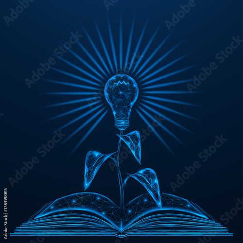 The growth of knowledge and ideas. An open book from which a plant grows with a light bulb instead of a flower. The concept symbolizes education, creativity, growth and environmental innovation.