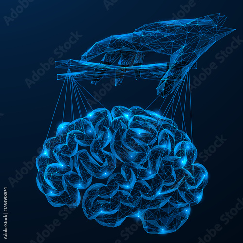 Mind control. The human hand controls the brain like a puppet.The concept symbolizes artificial intelligence, the impact of data and the connection with technology. Polygonal design, blue background.