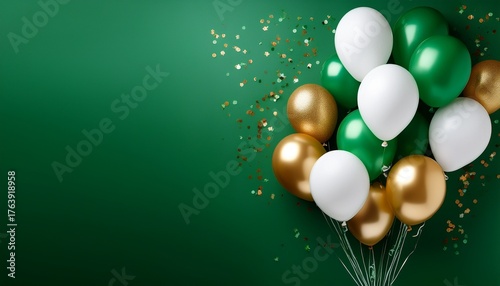 celebration party banner background with green gold white balloons carnival festival or birthday balloon green background detailed and realistic image