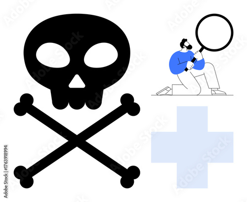 Skull and crossbones warn of danger, medical cross suggests health, and a researcher analyzing with magnifier highlights investigation. Ideal for danger, healthcare, analysis, safety, risk, caution