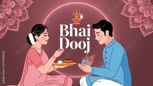 Modern Bhai Dooj Flat Vector Scene Featuring Sister and Brother Performing Tilak Ritual with Minimal Mandala Accents Clean Layout Text Happy Bhai Dooj in Stylish Typography for Elegant Greeting Design