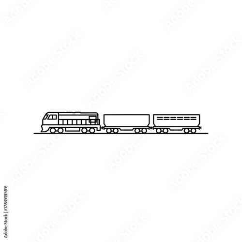 Streamlined train carriage with locomotive and wagons on white background, illustrating rail transport. Train carriage shows container transport and cargo movement.