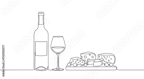 Minimalist wine and cheese composition in one line art style
