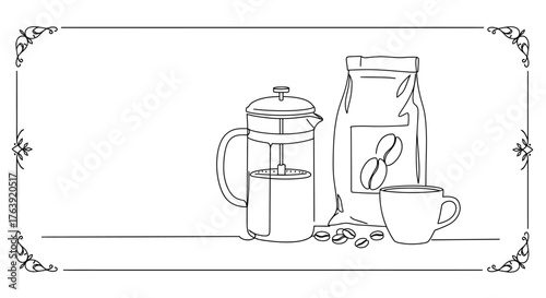 Minimalist coffee setup with french press and beans in linear style